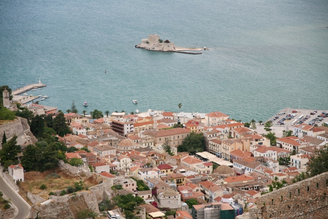 Nafplio - View of the old town and Bourtzi fortress from Palamidi